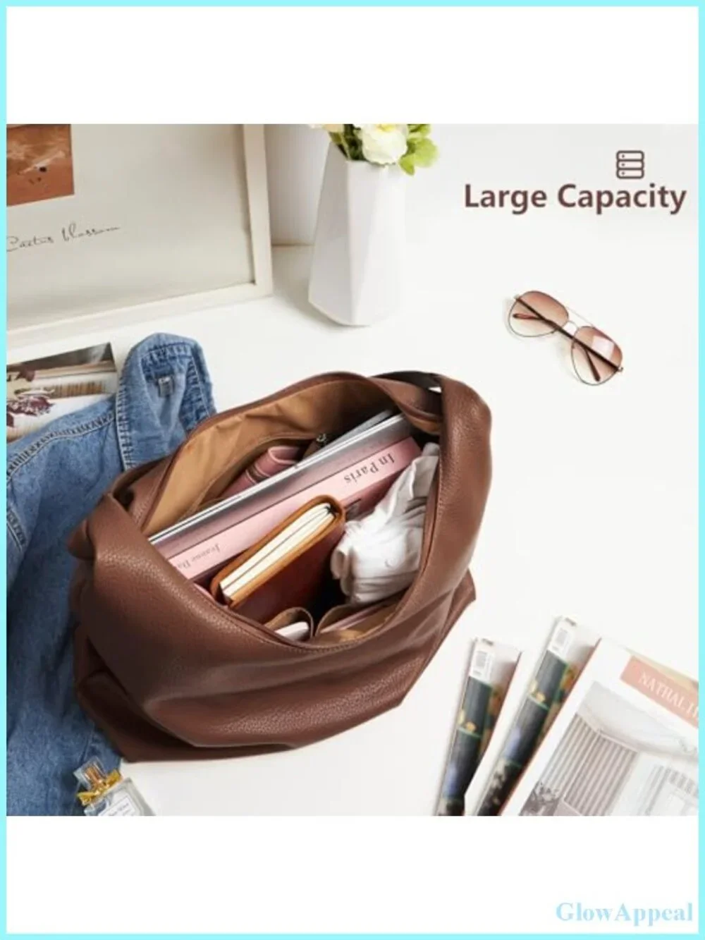 Vegan Leather Slouchy Hobo Tote Bag with Zipper Pockets